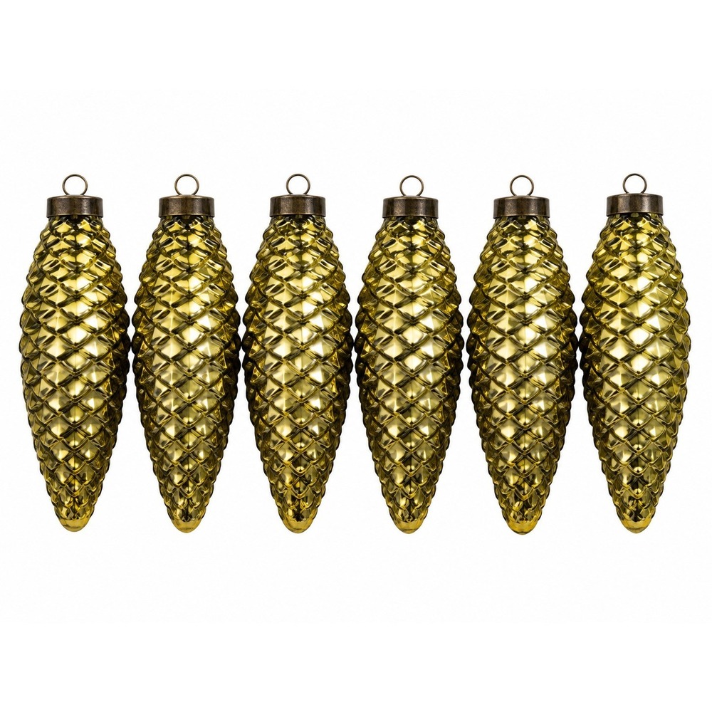 Vintage Lot Of 6 Large Gold Green Mercury Glass Pine Cone Christmas Ornaments